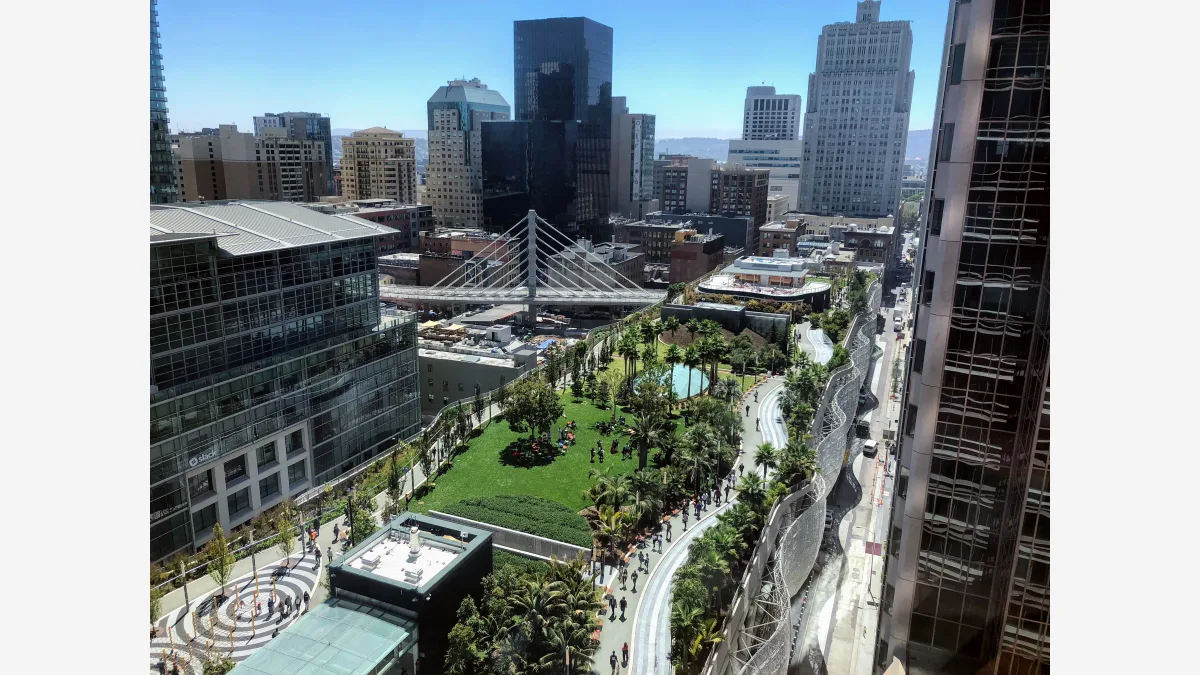 Salesforce Park and the bus bridge seen from Salesforce Tower in San Francisco, where the Agentforce platform patched in Zenity's SalesBleed disclosure is built.