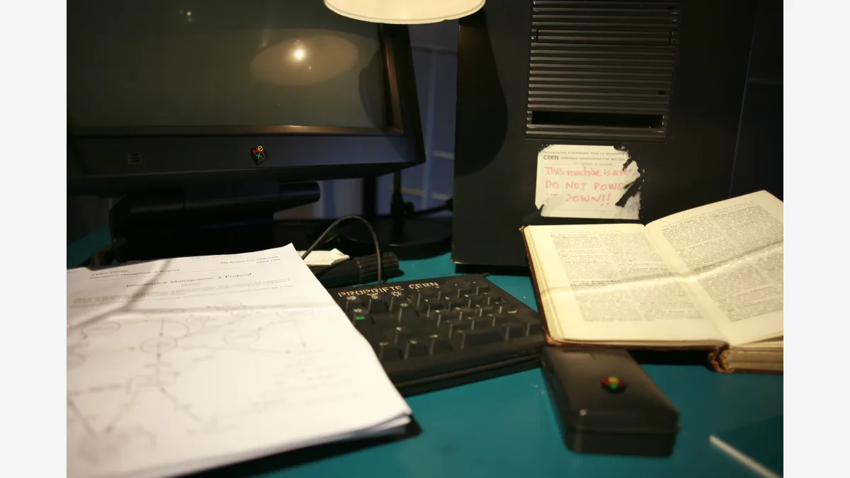 Tim Berners-Lee's NeXT workstation at CERN, the first web server — the start of the human-written web whose text is now increasingly machine-generated.
