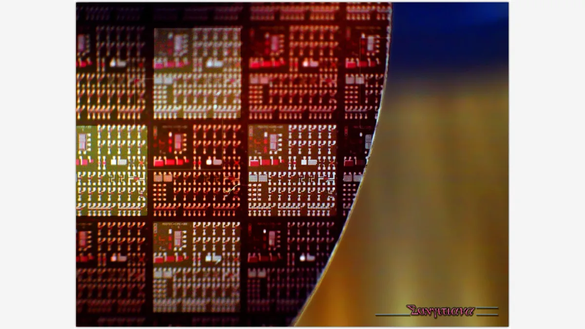 A finished semiconductor wafer, the end product of the hardware roadmaps AMD says World Labs' model research will help shape.